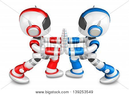 Red Robots And Blue Robots Pushing Each Other. Create 3d Humanoid Robot Series.