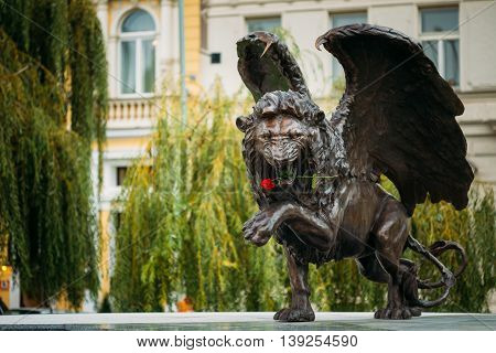 Prague, Czech Republic - October 10, 2014: Winged Lion Memorial in Prague Czech Republic. Monument is expression of British community's lasting gratitude to 2, 500 Czechoslovak airmen who served with RAF between 1940-1945 for freedom of Europe.