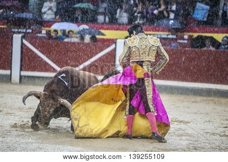 Jaen SPAIN - October 18 2008: The Spanish Bullfighter Sebastian Castella during a rainy afternoon bullfighting with the crutch in the Bullring of Jaen Spain