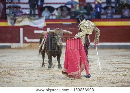 Jaen SPAIN - October 18 2008: The Spanish Bullfighter Sebastian Castella during a rainy afternoon bullfighting with the crutch in the Bullring of Jaen Spain