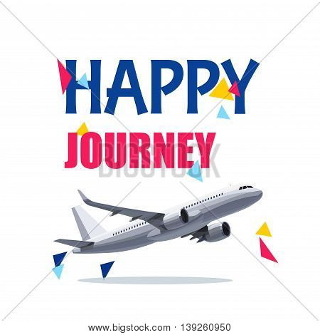 Flying Airplane with Happy Journey Header. Wishes For a Good Trip.Concept For Travel Company Banner PosterVoucherTicketMagazine.