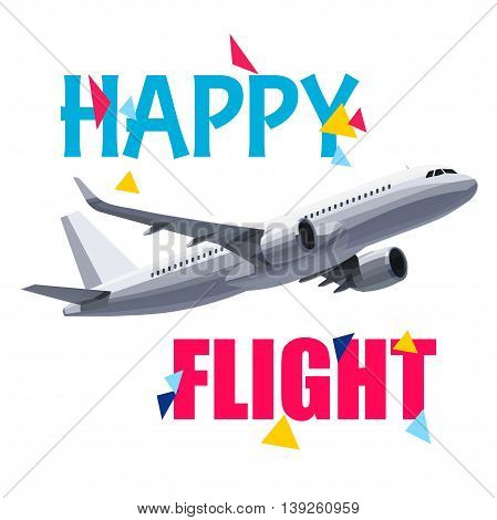 Flying Airplane with Happy Flight Header. Wishes For a Good Trip.Concept For Travel Company Banner PosterVoucherTicketMagazine.