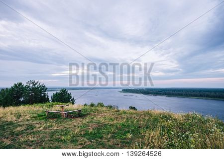 Beautiful river views and blue cloudy sky at background.