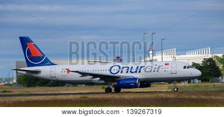 Frankfurt - July 16 2016 : Onur, Air airplane taking off at Frankfurt airport.