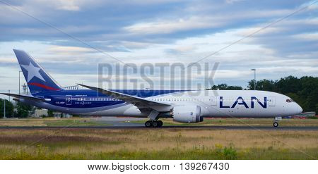 Frankfurt - July 16 2016 : LAN Airlines taking off at Frankfurt airport.