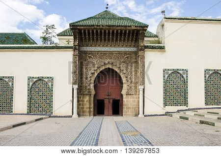 Entrance of the Mausoleum of Moulay Ismail in Meknes Morocco.This peaceful and spiritual resting place of Sultan Moulay Ismail is one of the few sacred sites in Morocco open to non-Muslims.
