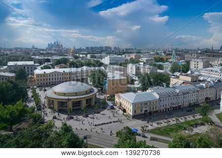 Metro station Novokuznetskaya and panorama of city in Moscow, Russia at sunny day