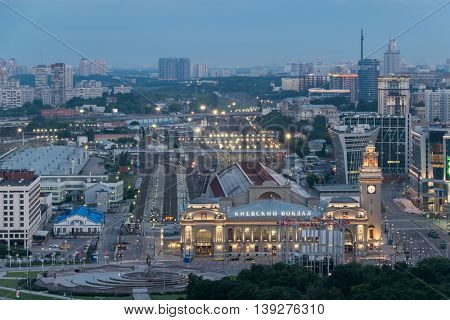 MOSCOW - JUN 11, 2016: Kievsky railway station at night. Russian Railways is among three largest transport companies in world