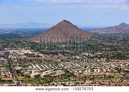 Camelback Mountain and Piestewa Peak hiking and recreational destinations viewed from above