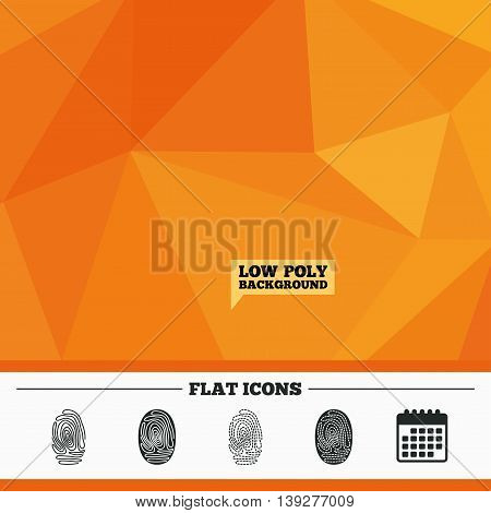 Triangular low poly orange background. Fingerprint icons. Identification or authentication symbols. Biometric human dabs signs. Calendar flat icon. Vector