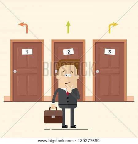 Pensive businessman or manager standing in front of the doors. Select a destination. A man in a business suit. Movement choise. Cartoon flat vector illustration in modern style