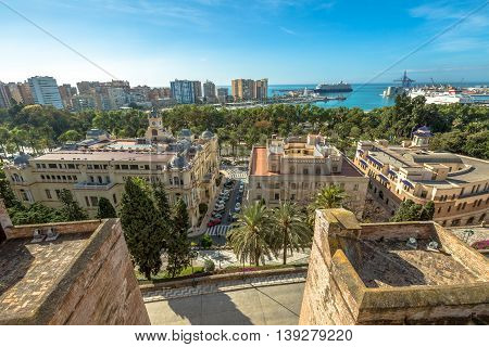Panoramic view at Alcazaba in Malaga, Andalusia, Spain. The Alcazaba is Malaga's most important landmark, and overlooks the city from a hilltop inland.