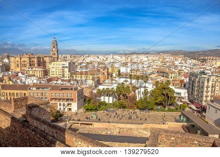 Panoramic view at Alcazaba of Malaga with skyline of city, the best preserved Moorish fortress palace in Andalusia, Spain.