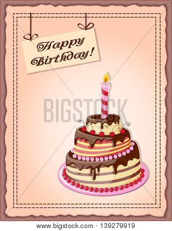 Festive colorful card with text Happy Birthday cake tier candle cherry on the vintage background. eps10.