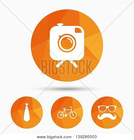 Hipster photo camera with mustache icon. Glasses and tie symbols. Bicycle family vehicle sign. Triangular low poly buttons with shadow. Vector