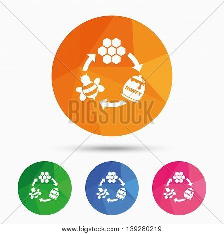 Producing honey and beeswax sign icon. Honeycomb cells symbol. Honey in pot. Sweet natural food cycle in nature. Triangular low poly button with flat icon. Vector