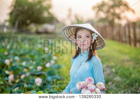 Asian Office Woman, Ao Dai Is Famous Traditional Costume For Woman In Vietnam