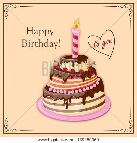 Festive colorful birthday card with cake tier candle text and cherry on the vintage background. eps10.