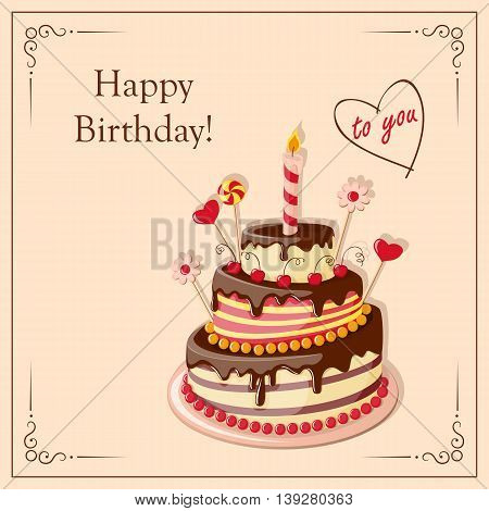 Festive colorful card with text Happy Birthday to you cake tier hearts candle and candy on the vintage background. eps10.