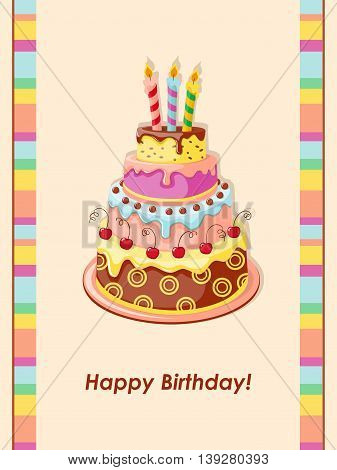 Festive colorful birthday card with cake tier candles and cherry on the vintage background. eps10.