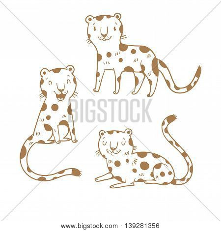Cute cartoon leopards set. Three little wild kitten. Funny african animals. Children's illustration. Collection for kids. Vector contour image no fill.