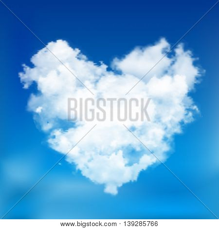 Realistic vector cloud heart with sun. Blue sky background.