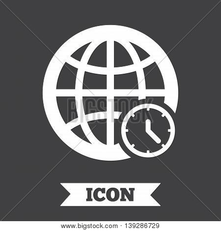 World time sign icon. Universal time globe symbol. Graphic design element. Flat world time symbol on dark background. Vector