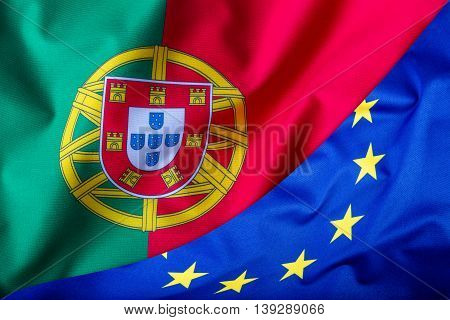 Flags of the Portugal and the European Union. Portugal Flag and EU Flag. World flag money concept.