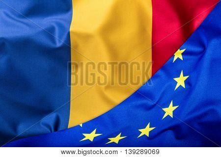 Flags of the Romania and the European Union. Romanian Flag and EU Flag. World flag money concept.