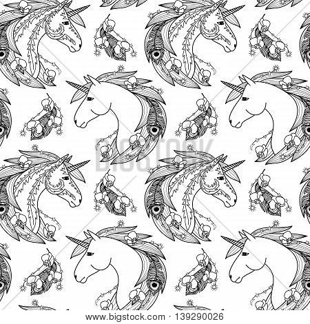 Unicorn seamless pattern with decorative elements. Fairy tale wallpaper. Fictional animal and orchids