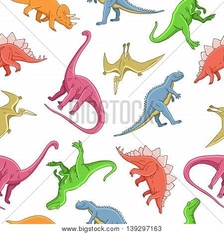 Seamless vector pattern of different dinosaurs on a white background. Wrapping paper. Children print.
