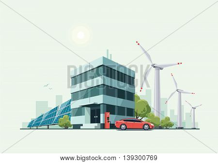 Vector illustration of modern green eco business office building with green trees and electric car charging in front of the workplace in cartoon style. Solar panels and wind turbines are int the background.