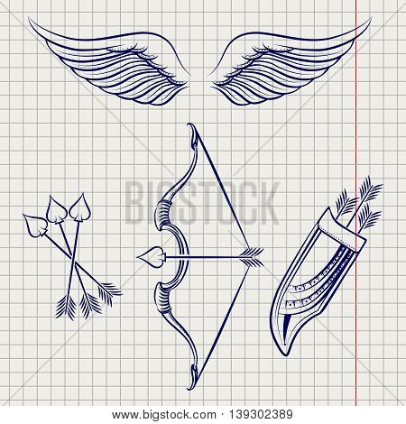 Set of arrows wings and bow on the notebook page sketch style. Vec tor illustration