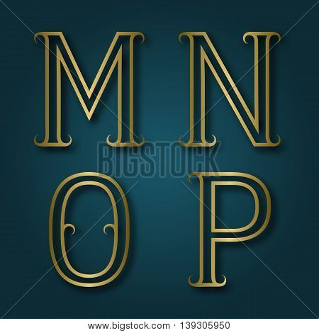 M N O P shiny golden letters with shadow. Outline font with flourishes. Type in art deco style.
