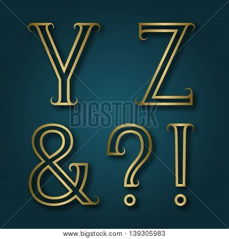 Y Z shiny golden letters ampersand exclamation and question marks with shadow. Outline font with flourishes. Type in art deco style.