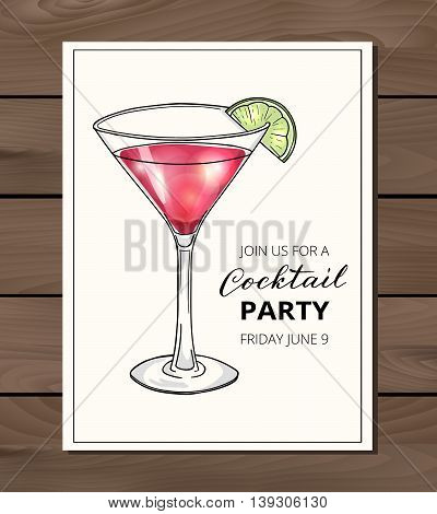 Cocktail party invitation on a wodden background. Hand drawn cocktail in martini glass with lime. Eps10 vector illustration.