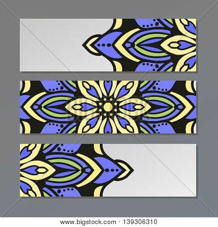 Set Vector Horizontal Banners With Colorful Mandala. Islam, Arabic, Indian, Ottoman Motifs. Oriental