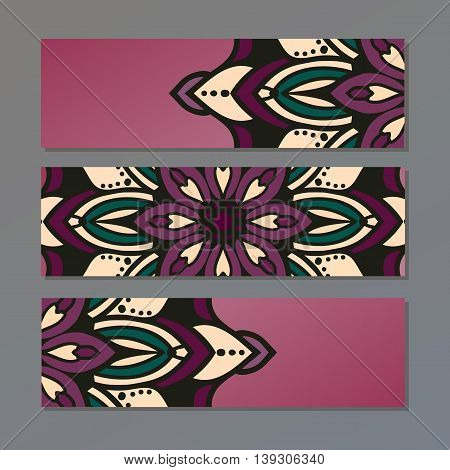 Set Vector Horizontal Banners With Colorful Mandala. Islam, Arabic, Indian, Ottoman Motifs. Oriental