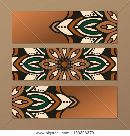 Set Vector Horizontal Banners With Colorful Mandala. Islam, Arabic, Indian, Ottoman Motifs. Oriental