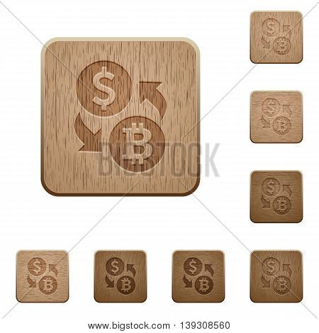 Set of carved wooden Dollar Bitcoin exchange buttons in 8 variations.