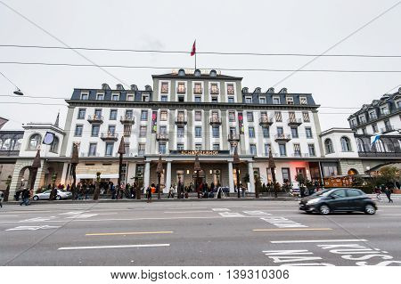 Lucerne Switzerland, 30 November 2014 : Lucerne, a compact city in central Switzerland, sits amid snowcapped mountains on the north end of Lake Lucerne. With its colorful Altstadt (Old Town) and 14th-century Museggmauer city walls, covered bridges includi
