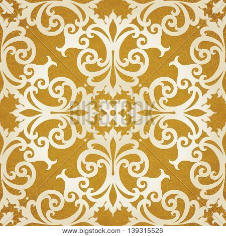 Vector seamless pattern with swirls and floral motifs in retro style. Golden Victorian background. It can be used for wallpaper pattern fills web page background surface textures.
