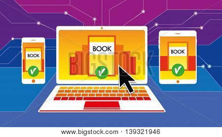 Online bookstore anywhere any device. Library in any device. Education. Vector pattern