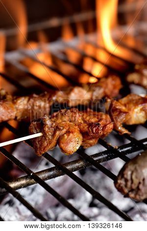 closeup of some meat skewers being grilled in a barbecue