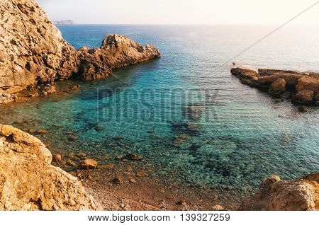 View of the bay with azure water wild beach of Paguera Mallorca Spain