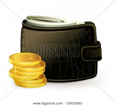 Plånbok och mynt, vektor