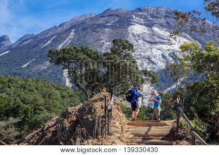 Ranau Sabah Malaysia-March 12, 2016:Unidentified climbers seen at Timpohon trail to Laban Rata of Mount Kinabalu.Climbing season officially start on Dec 1,2015 after being closure due to earthquake