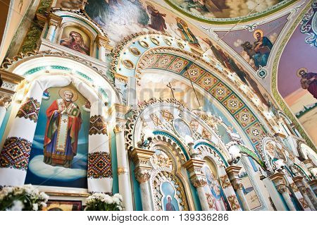 Mykykyntsi, Ukraine - Circa June, 2016: Icon Of Angels And Holy Apostles At Iconostasis On Church