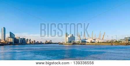 Panoramic view of river Thames and North Greenwich.