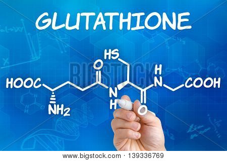 Hand With Pen Drawing The Chemical Formula Of Glutathione